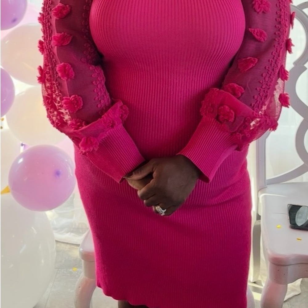 Almost Famous Hot Pink Ribbed Long-Sleeve Dress with Floral Appliqué Sleeves
